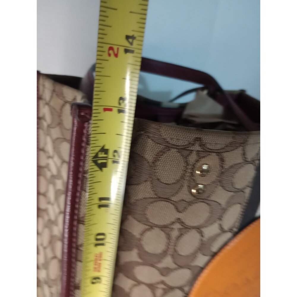 Coach Signature Stripe Canvas & Leather Tote Bag With Yellow Logo Accent - Picture 3 of 10